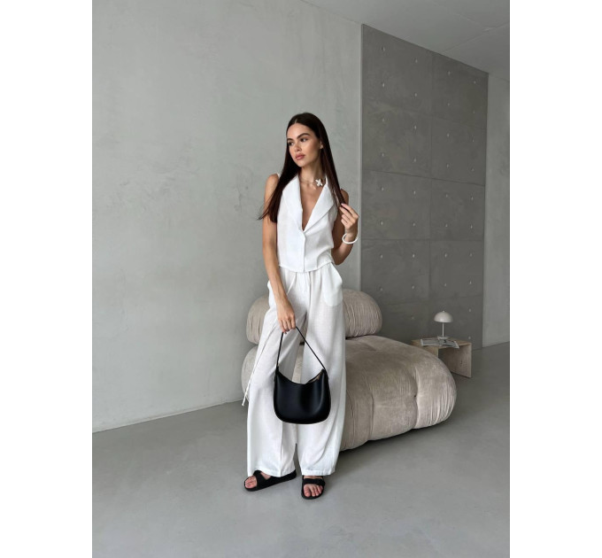 Natural fabric suit with cropped vest and palazzo pants