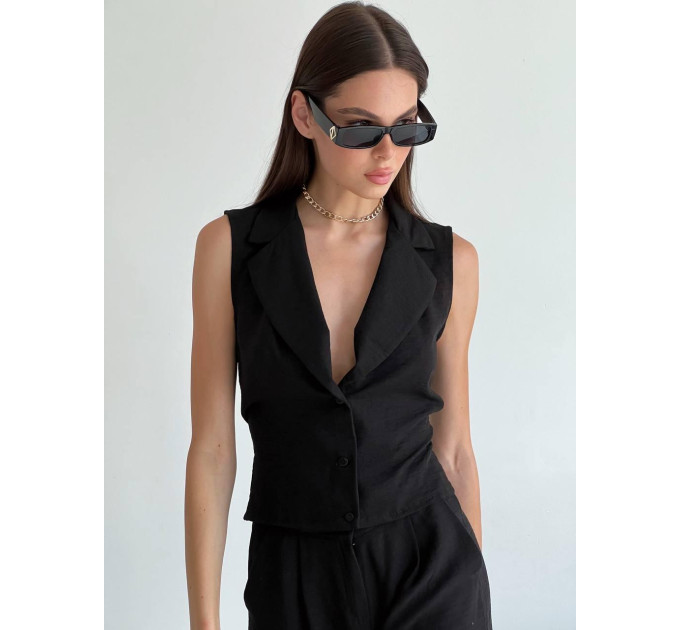 Natural fabric suit with cropped vest and palazzo pants