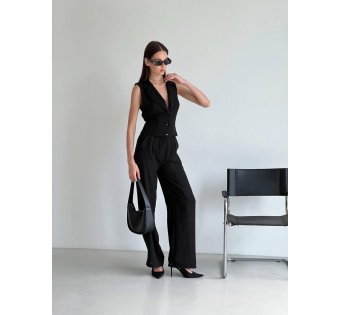 Natural fabric suit with cropped vest and palazzo pants
