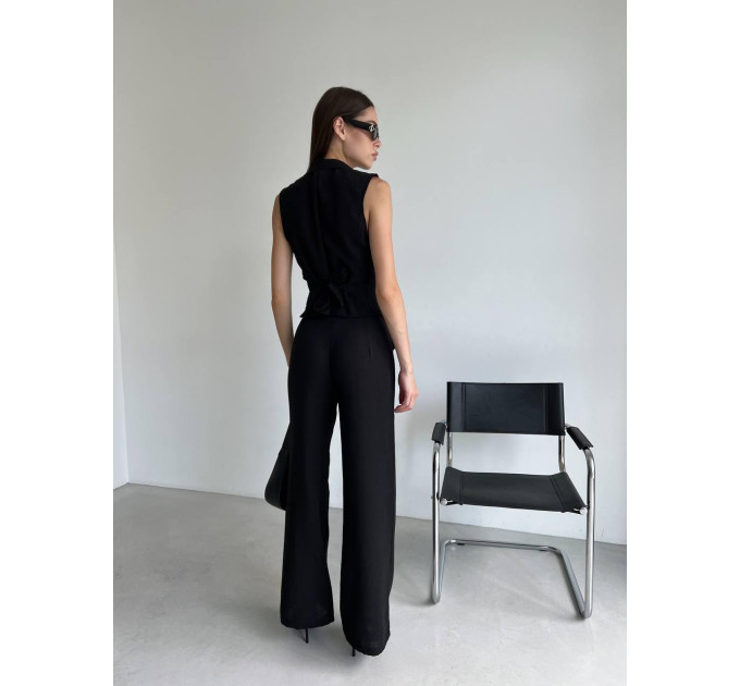 Natural fabric suit with cropped vest and palazzo pants