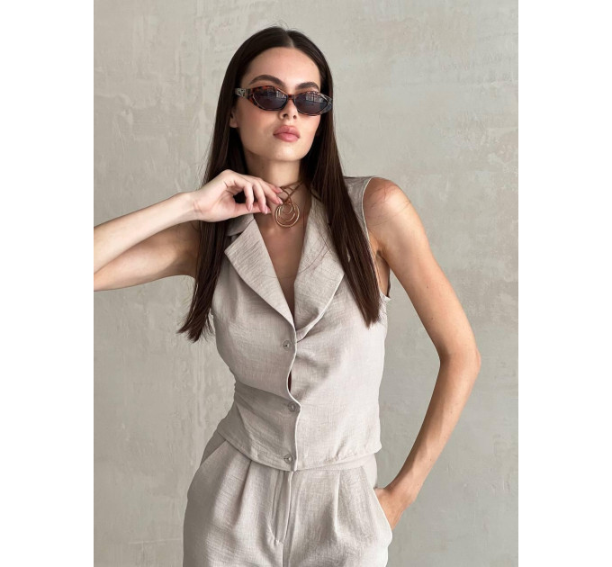 Natural fabric suit with cropped vest and palazzo pants