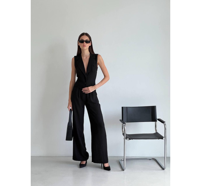 Natural fabric suit with cropped vest and palazzo pants