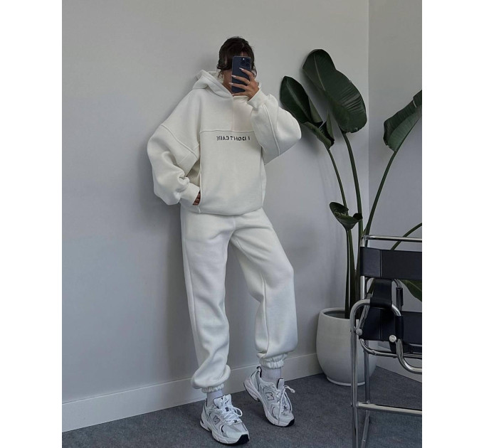 Stylish women's sports suit with fleece “I DON'T CARE” and various colors (Sizes 42-52)