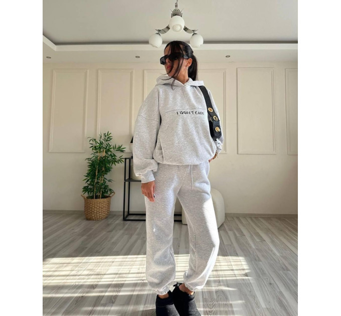 Stylish women's sports suit with fleece “I DON'T CARE” and various colors (Sizes 42-52)