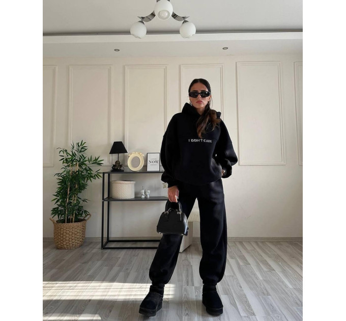 Stylish women's sports suit with fleece “I DON'T CARE” and various colors (Sizes 42-52)