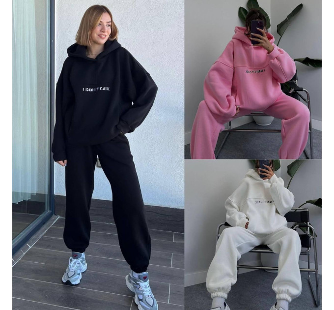 Stylish women's sports suit with fleece “I DON'T CARE” and various colors (Sizes 42-52)