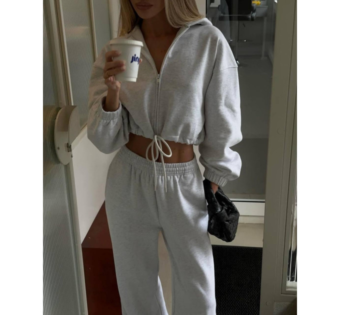 Women's Loose Fit Cropped Zip Hoodie & Straight Sweatpants Suit