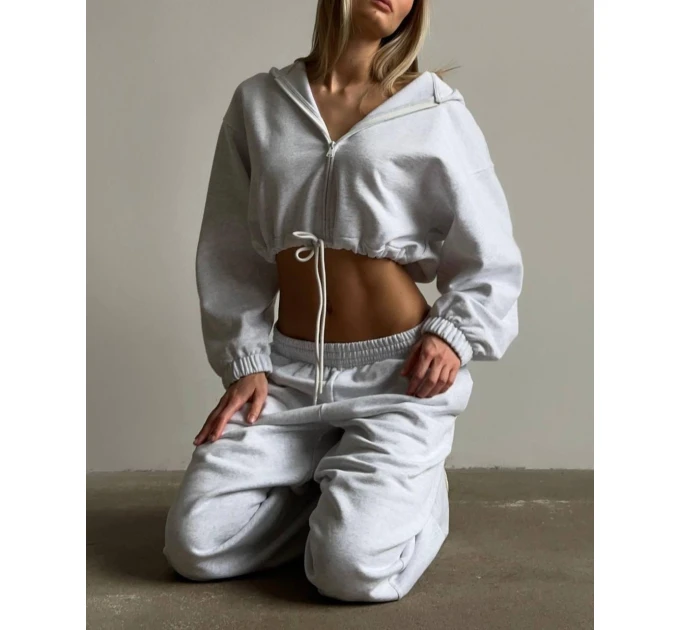 Женский костюм свободного кроя укороченное худи на молнии & прямые спортивные брюки