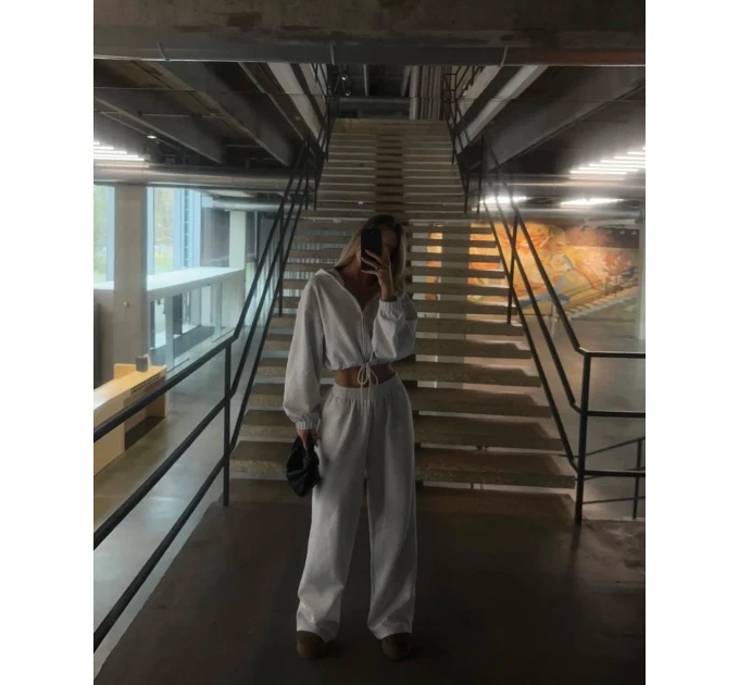 Женский костюм свободного кроя укороченное худи на молнии & прямые спортивные брюки