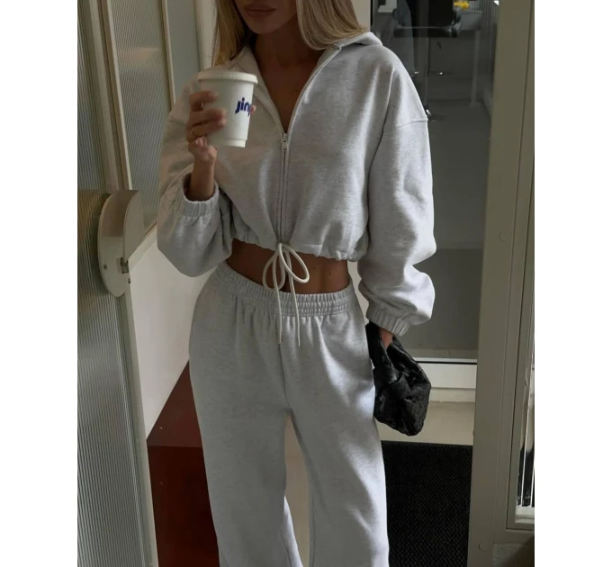 Женский костюм свободного кроя укороченное худи на молнии & прямые спортивные брюки