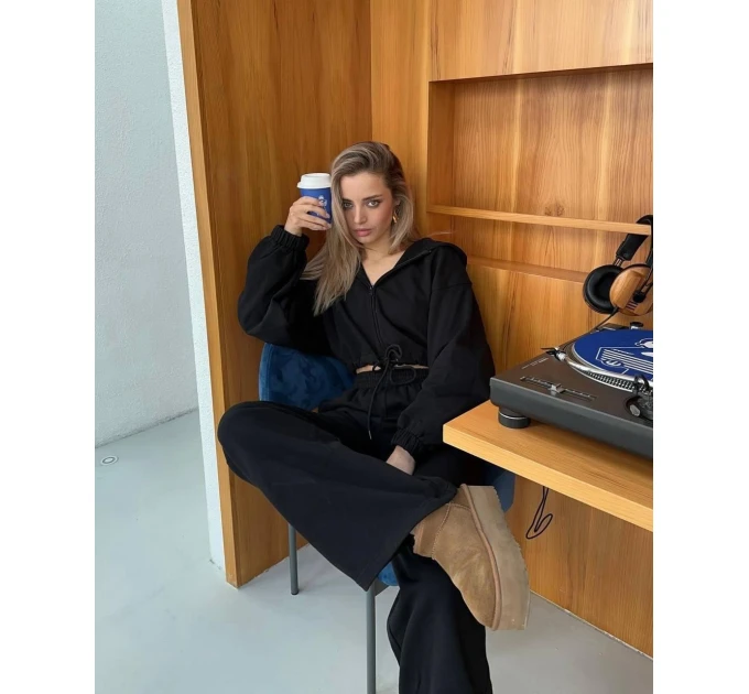 Женский костюм свободного кроя укороченное худи на молнии & прямые спортивные брюки