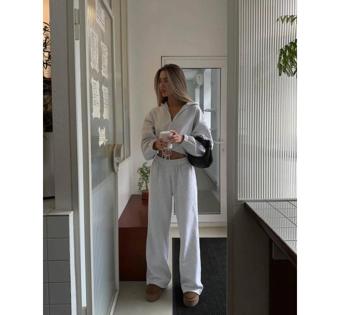 Женский костюм свободного кроя укороченное худи на молнии & прямые спортивные брюки