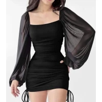 Шикарное нежное женское платье мини на завязках с объемными рукавами, которое идеально моделирует фигуру 045 (49)